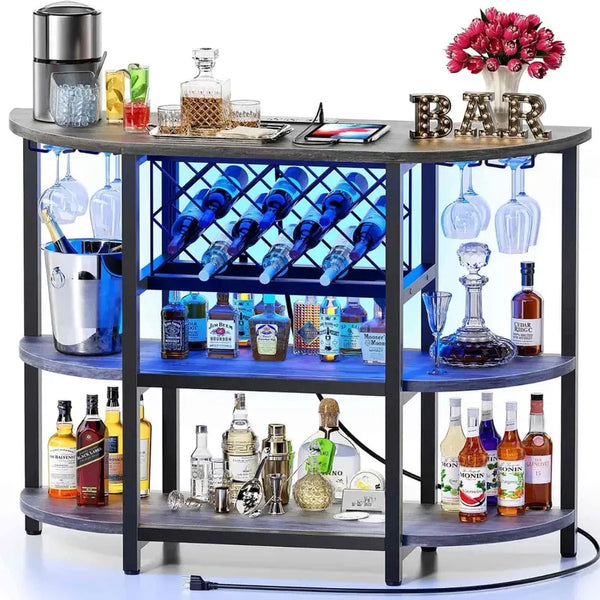 Bar Table Cabinet with Power Outlet, LED Home Mini Bar Cabinet for Liquor, Metal Wine Bar Stand with 4-Tier Storage, Easy to Assemble, Grey