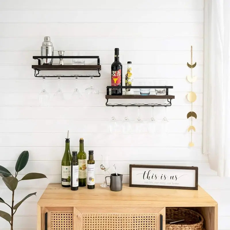 Wall Mounted Wine Rack Set of 2 Wood Rustic Wine Bottle Glass Floating Shelves with Stemware Hanger Modern Plants Photos Wine Display Storage Holder for Kitchen Dining Room Bar, 17 Inch Classic Hanging