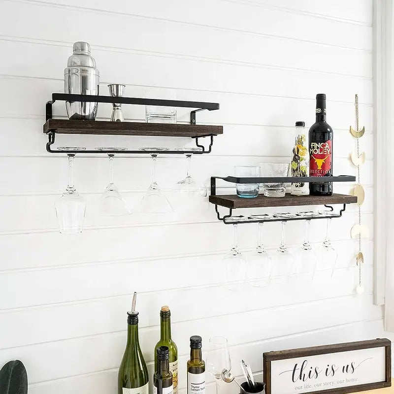 Wall Mounted Wine Rack Set of 2 Wood Rustic Wine Bottle Glass Floating Shelves with Stemware Hanger Modern Plants Photos Wine Display Storage Holder for Kitchen Dining Room Bar, 17 Inch Classic Hanging