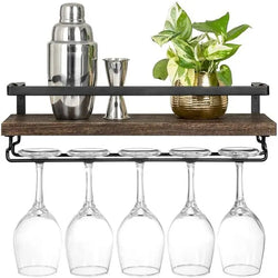 Wall Mounted Wine Rack Set of 2 Wood Rustic Wine Bottle Glass Floating Shelves with Stemware Hanger Modern Plants Photos Wine Display Storage Holder for Kitchen Dining Room Bar, 17 Inch Classic Hanging