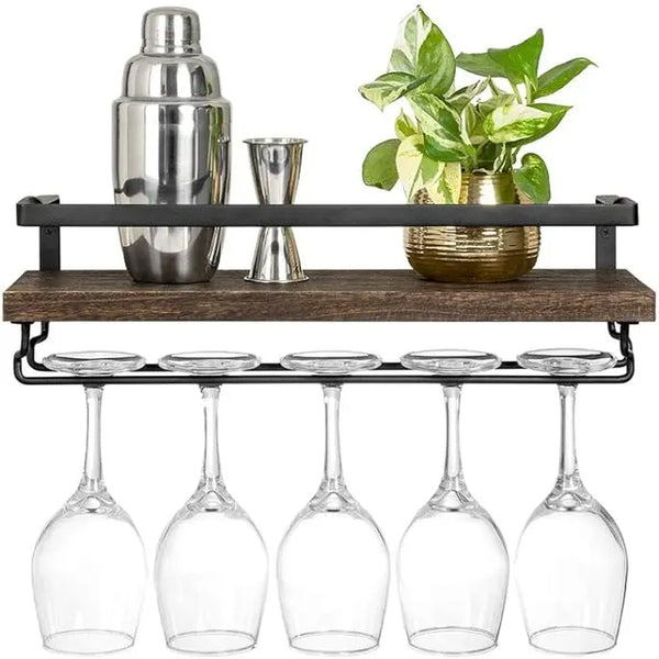 Wall Mounted Wine Rack Set of 2 Wood Rustic Wine Bottle Glass Floating Shelves with Stemware Hanger Modern Plants Photos Wine Display Storage Holder for Kitchen Dining Room Bar, 17 Inch Classic Hanging